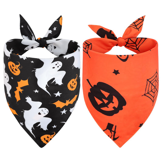Vivifying 2 Pack Halloween Dog Bandanas Spooky and Pumpkins Halloween Accessories for Pets Dog Scarf Costume for Trick-or-Treating Photo Prop and Party Decor (X-Large Orange & Black)