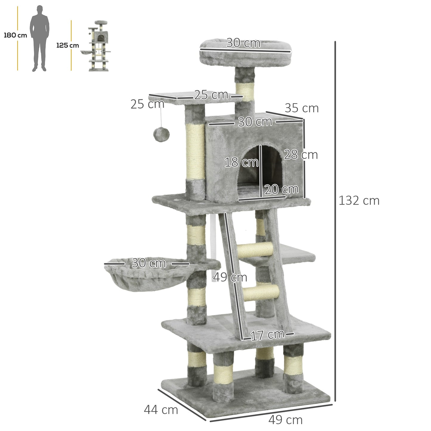 PawHut 132cm Cat Tree with Scratching Post - Grey