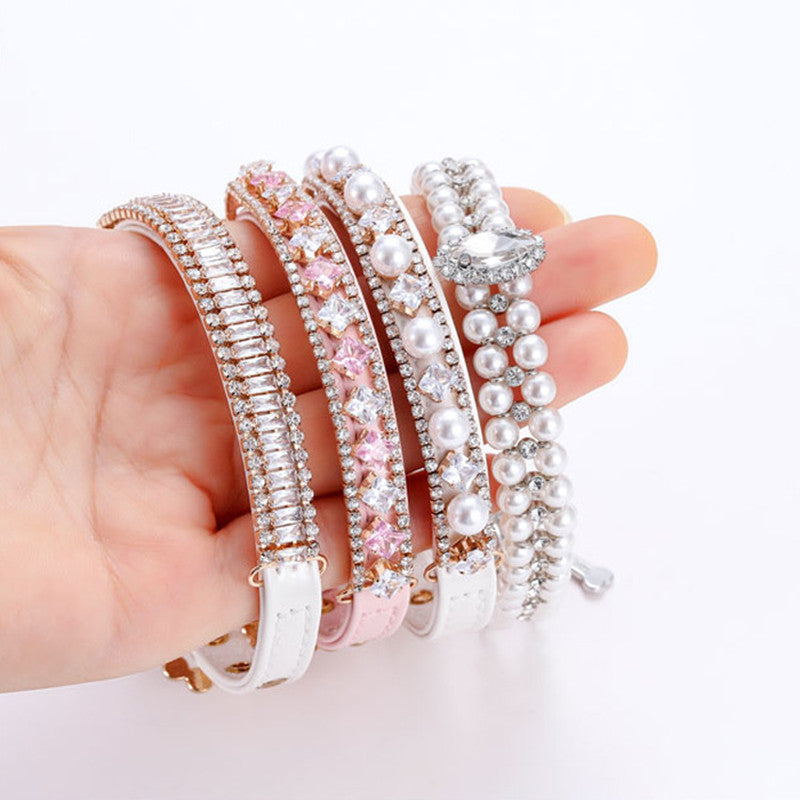 Adjustable Pearl Cat and Dog Collar with Traction Rope