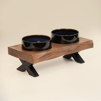 CHEERHOME PETS Raised Cat Ceramic Bowls for Small and Medium Dog Solid Wooden Dog Food Bowl with Stand Food Feeding Dishes Water Bowl for Cats and Puppy(Walnut Wood)