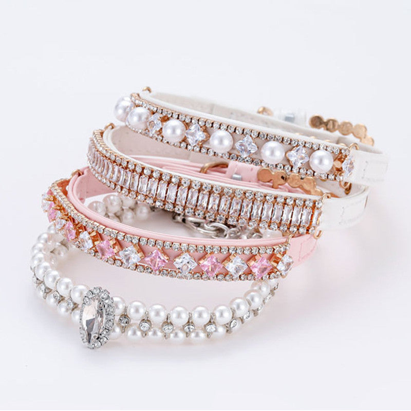 Adjustable Pearl Cat and Dog Collar with Traction Rope