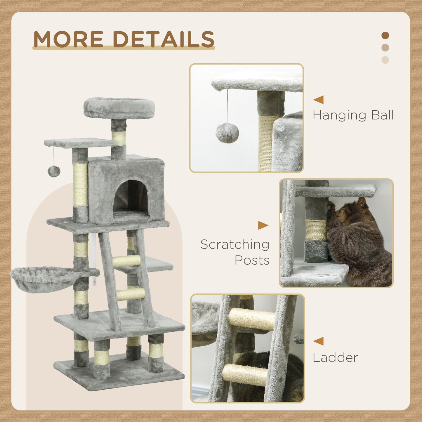 PawHut 132cm Cat Tree with Scratching Post - Grey