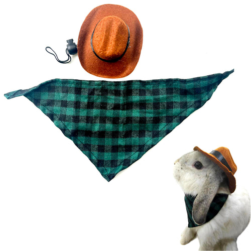 Cute Rabbit Cowboys Hat and Scarf Set Funny Rabbits Pet Cowboys Hat Scarf Outfits Rabbits Dog Cat Pets Halloween Costume Hats Clothes Bunny Stuff Gifts Supplies Accessories (Coffee-Green Grid)