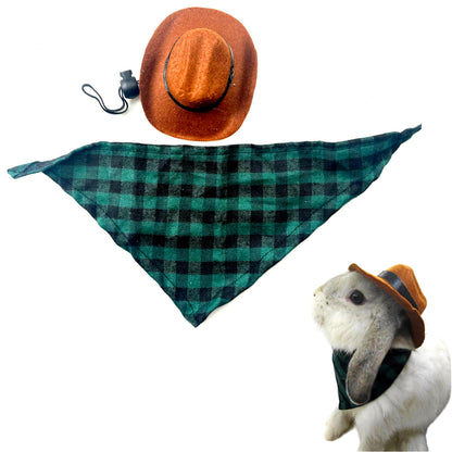 Cute Rabbit Cowboys Hat and Scarf Set Funny Rabbits Pet Cowboys Hat Scarf Outfits Rabbits Dog Cat Pets Halloween Costume Hats Clothes Bunny Stuff Gifts Supplies Accessories (Coffee-Green Grid)